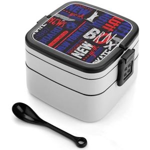 New York Style Grunge Geometrische Bento Lunch Box Dubbellaags All-in-One Stapelbare Lunch Container Inclusief Lepel met Handvat