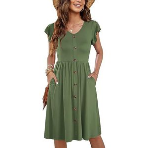 MOLERANI Zomerjurk voor dames, met ruches, V-hals, casual, swing, elastische taille, midi-jurk met zakken, legergroen, XXL