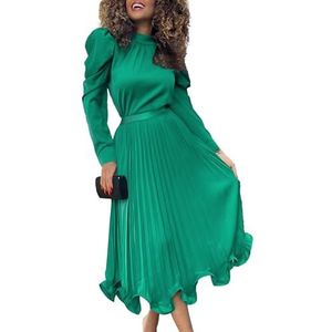 Elegante Tweedelige Dames Outfit Mock Neck Lange Pofmouwen Shirt Top En Hoge Taille Geplooide Maxirok Mit Ruches Aan De Zoom (Color : Green, Size : L)