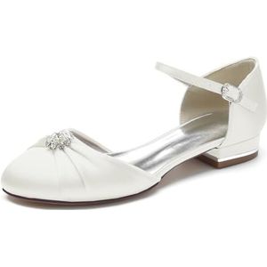 Dames Satijnen Pumps Enkelbandje Gesloten Teen Flats Comfort Lage Hak Avond Werk Trouwjurk Schoenen,ivoor,36 EU
