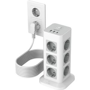 TESSAN - 12 Voudige Stekkerdoos - Verlengkabel met USB C - 10M - Overspanningsbeveiliging