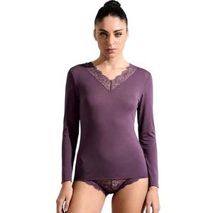 Ciocca Pura damestop met kasjmier, lange mouwen, kant, elegant, warm, donkerpaars - P0716c_bro, M