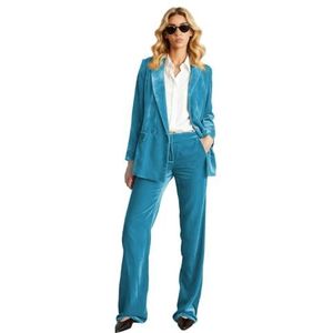 Vrouwen Fluwelen Pak 2 Stuk Office Lady Outfit Nothed Revers Vlevet Warm Blazer Casual Wear Broek Pak, Turkoois, XS