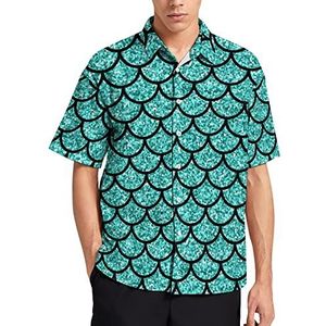Aquamarijn Glitter Scals Hawaiiaanse Shirt Voor Mannen Zomer Strand Casual Korte Mouw Button Down Shirts met Zak