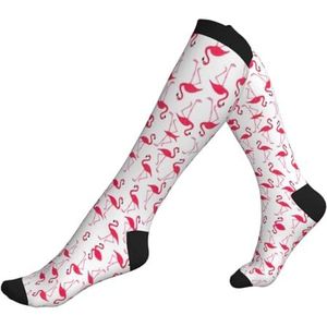 KoNsev Roze Flamingo Patroon Compressie Sokken Voor Vrouwen Mannen Ondersteuning Sokken Knie Hoge Verpleegkundigen, Zwangerschap, Hardlopen, Vliegen, Zwart, Eén Maat