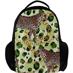 Gepersonaliseerde Rugzak voor vrouwen en man Drie Leopard Gouden Ketting Groene Tijger Huid School reizen werk Rugzak, Meerkleurig, 27.5x13x40cm, Rugzak Rugzakken