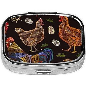 Mini vierkante pillendoos, medicijnorganisator, draagbare EHBO-doos met kippenprint, reispillendoos met 2 vakken, kleine pillendoos voor zak of portemonnee