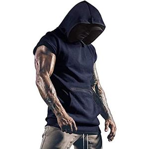 Cabeen Heren Workout Tank Tops Sport Hooded Vest Mouwloos T-Shirt Spier Bodybuilding Gym Fitness Hoodie Sweatshirts met Zak, Donkerblauw, S