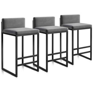 Ontbijtbarkrukken Set van 3, Fluwelen Keukenbarkrukken, Moderne Barstoelen met Rugleuning en Zwart Metalen Frame(Grey,75cm(29.5''))