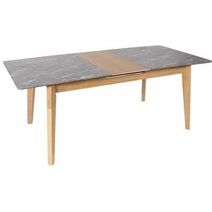 HWC-M57 Eetkamertafel, massief hout laminaat melamine 160-200 x 90 cm, uittrekbaar marmer/steenlook, lichte poten