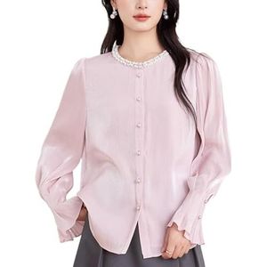 ROUZIHU Damesshirt met lange mouwen en kralen, ronde hals, slim fit, chiffon shirt voor dames, Paars, L