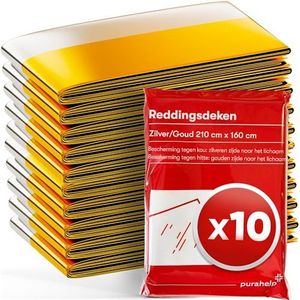 PURAHELP Reddingsdeken goud zilver voor noodgevallen (10 stuks) - weerbestendige nooddeken voor eerste hulp en outdoor - compacte reddingsdekens voor auto, wandelen en kamperen