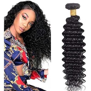 Salharer Deep Wave Human Hair Bundles Single Extensions Machine Double Wefts Unprocessed Remy Weave #1B Natural Black Color for Woman 18 Inch