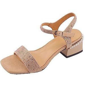 SDFGH Water Diamant Parelhak Volledig Leer Zomer Omgekeerde Fleece Dikke Medium Hak Vierkante Kop Met Sandalen Dames (Color : D, Size : 37)