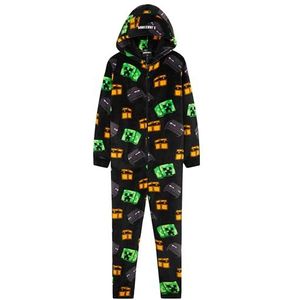 Minecraft Fleece onesie met capuchon voor jongens - Cadeaus voor gamers, Zwart/Multi, 11-12 jaar