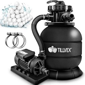 tillvex Zandfiltersysteem 7.900L/h + 400g Filterkogels | Zandfilterinstallatie filterinstallatie 7-weg ventiel & Adapter Ø32-38mm | Zwembadfilter met drukweergave | Zandfilter zwembad (Zwart)