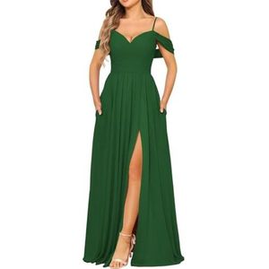 Chiffon bruidsmeisjesjurk voor dames met split avondjurken baljurk cocktailjurk grote maten, Emerald Groen, 32