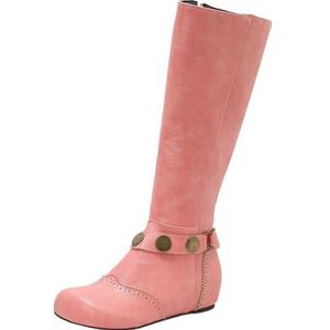 Retro Middeleeuwse Laarzen for Dames Klassieke Lange Laarzen Met Rits PU Leren Rijlaarzen Met Lage Hak 2025 Dames Grote Maten Schoenen for Herfst En Winter(Pink,43 EU)