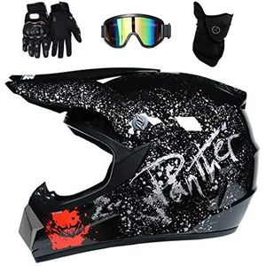 Unisex Motorcross Helm, Jeugd Kind Volledige Gezicht MTB Motor Van de weg af ATV Scooter Helm, Bergafwaarts MX Quadfiets Enduro Racing Botsing Helm, met Bril Maskeren Handschoenen (Color : Black, Si
