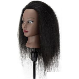 Afrikaans mannequinhoofd, echt haar, kappersopleidingshoofd met statief, mannequin, cosmetologiepophoofd for vlechten en styling(Only One Head 2)