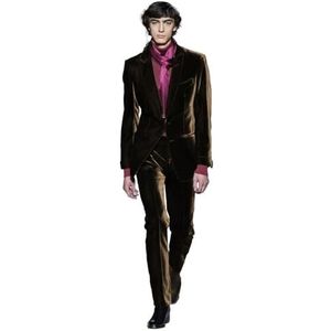 Heren 2-delig fluwelen pak ingekerfde revers slim fit prom smoking pak winter feest diner fluwelen jas en broek, Bruin, XS