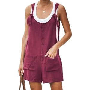 Jumpsuits Voor Vrouwen Zomer Casual 2 Sets Vrouwen Casual Jumpsuits Shorts Losse Rompertjes Zomer Effen Kleur Knop Vrouwen Playsuits, wijnrood, 5XL
