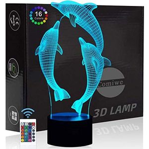 Comiwe Dolfijn 3D Illusie Nachtlampje Speelgoed,16 Kleuren Veranderen Afstandsbediening,Huisdecoratie Verlichting LED Tafellamp,Kerst Verjaardagscadeau voor Meisjes Jongens Kinderen Vrienden