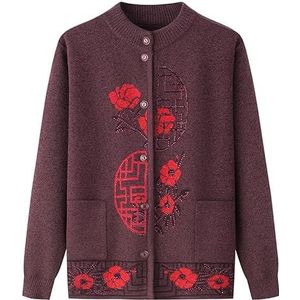 WLLDDDIU Dames Lang Vest,Middelbare Leeftijd en Ouderen Gebreide Vest Truien Chinese Stijl Geometrisch Patroon Print Vest Oma Kleding Jas met Zak Lente Herfst Moeder Draag Warme Trui Bruin M
