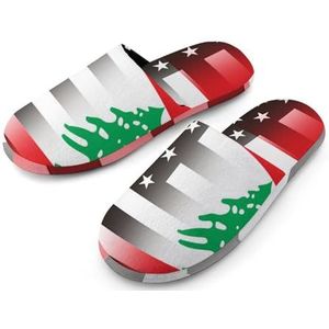 Zwart en wit USA Libanon vlag volledige print dames slippers warme anti-slip rubberen zool huis schoenen voor indoor hotel 36-37_(5.5-6)