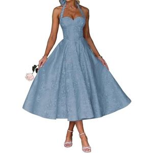 AHERKLL Spaghetti Bandjes Bruidsmeisjes Jurken Jacquard Satijn Halter Formele Avond Feest Maxi Jurk HAH046, Dusty Blauw, 32
