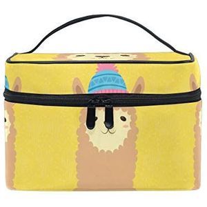 Gele cartoon glimlach alpaca cosmeticatas organizer ritssluiting make-up tassen toilettas cosmeticatas wastas voor dames meisjes vrouwen