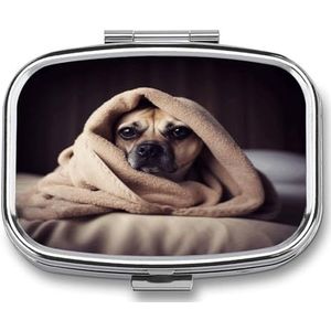 Kleine pillendoos 2 compartimenten medicijnpillendoosje draagbare hond in een deken bedrukte pillencontainer voor zak of portemonnee pillendoos metalen medicijn-vitamine-organizer