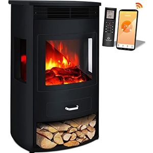 KESSER® Prio Elektrische open haard met verwarming, ventilatorkachel met afstandsbediening, 950/1900 W, elektrische open haard met led-vlameffect, met thermostaat 3-delig panorama kijkvenster