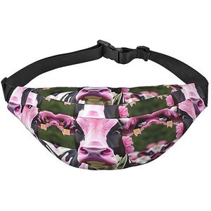 Waterdichte polyester heuptas met - lichtgewicht en duurzame crossbody-tas voor mannen en vrouwen plant bloemen bloemen, Roze Bloem Toon Koeien Vee, Eén maat
