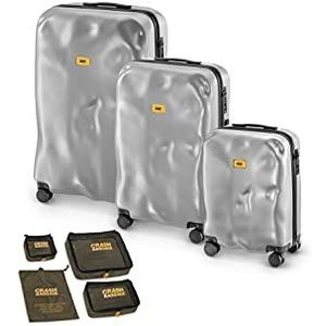Crash Bagage - Icon set en Easy Life Kit, combo met 3 trolleys voor reizen, cabine, medium, grote en organizer koffer, zilver/groen,