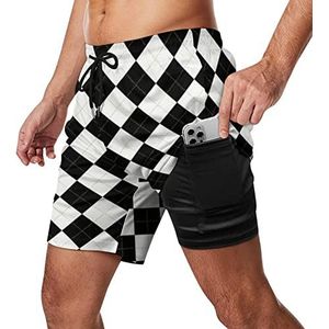 Zwart-witte geruite zwembroek voor heren, sneldrogend, 2-in-1 strandsportshorts met compressieliner en zak