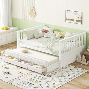 YuQozii Multifunctioneel eenpersoonsbed van wit massief hout, 140 x 200 cm (90 x 190 cm), geschikt voor kinderen, dagbed, met uitschuifbaar bed en drie schuifladen