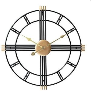 LW Collection Wandklok William Zwart Goud 60cm - Grote industriële wandklok metaal - Minimalistische wandklok - Stil uurwerk - Stille klok