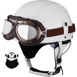 Duitse leren motorhelmen met DOT/ECE, vintage helmen met veiligheidsbril, retro jethelm, chopperhelm, scooterhelm, fietshelm, met zonneklep H,XL=61-62CM