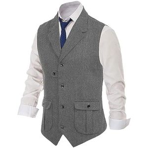 Heren Kostuum Vest Wollen Visgraatvest Slim Fit Fit Dagelijks Zakelijk Vest Formeel Zilvergrijs 9 S