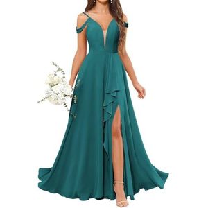 HPPEE Avondjurk voor dames, V-hals, blote schouders, bruidsmeisjesjurk met split en ruches, Turkoois, 58/Meer