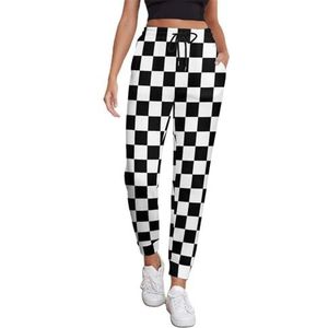 Zwart Wit Racing Geruite Joggingbroek Voor Vrouwen Hoge Taille Joggers Casual Lounge Broek Met Zakken Voor Workout Running