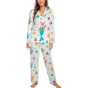 Grappige Onder Zee Corgi Zeemeermin Lange Mouw Pyjama Sets Voor Vrouwen Klassieke Nachtkleding Nachtkleding Zachte Pjs Lounge Sets