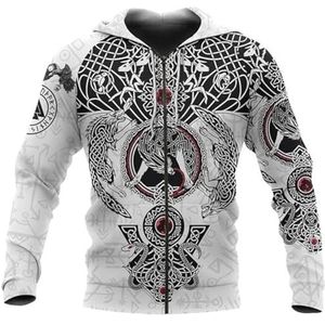 Heren Viking Armor Totem Hoodie, Middeleeuws Walhalla Noordse Keltische Wolf 3D Rune Tattoo Print Rits Jas, Heidense Lente en Herfst Buitensport Jas(Viking B,XXL)