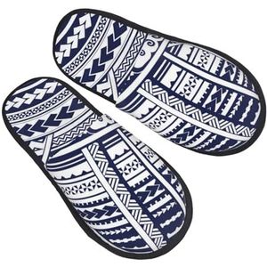 ZaKhs Blauwe Polynesische Maori Tribal Patroon Print Vrouwen Slippers Antislip Fuzzy Slippers Leuke Huis Slippers Voor Indoor Outdoor M, Zwart, Large Wide