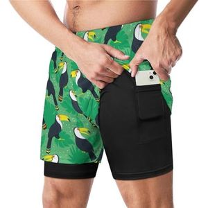 Toekans en jungle bladeren grappige zwembroek met compressie voering & zak voor mannen board zwemmen sport shorts