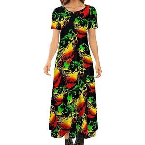 Rasta Lion dames zomer casual korte mouwen maxi-jurk ronde hals bedrukte lange jurken XL