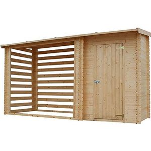 TIMBELA M205 Tuinhuisje + Fietschalet/Bucher/Containeroverkapping - Tuinhuisje met Plat Dak - 344x130 cm / 2,54 m² + 1,1 m²