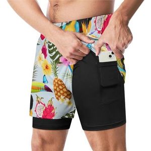Papegaai Toekan En Bloemen Grappige Zwembroek met Compressie Liner & Pocket Voor Mannen Board Zwemmen Sport Shorts