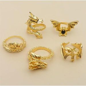 5pcs/set Vintage Dragon Bat ringen voor vrouwen gotische verstelbare dierlijke vinger opening Ring Punk partij sieraden set-goud
